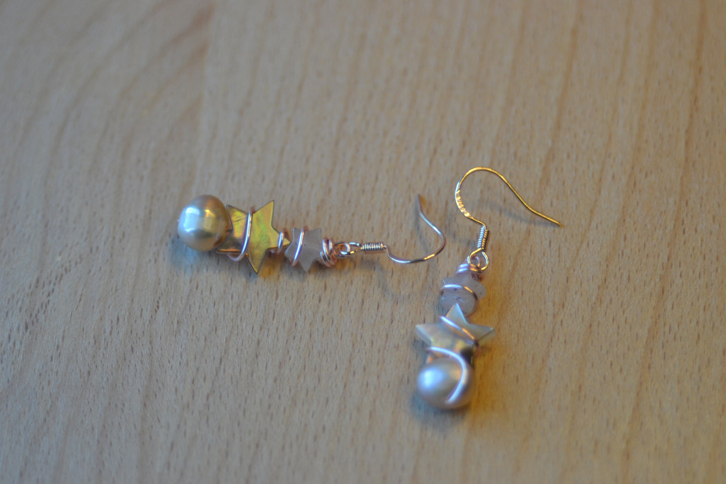 Double Star Earrings – Strawberry Quartz, Mother of Pearl & Freshwater Pearl in Rose Gold