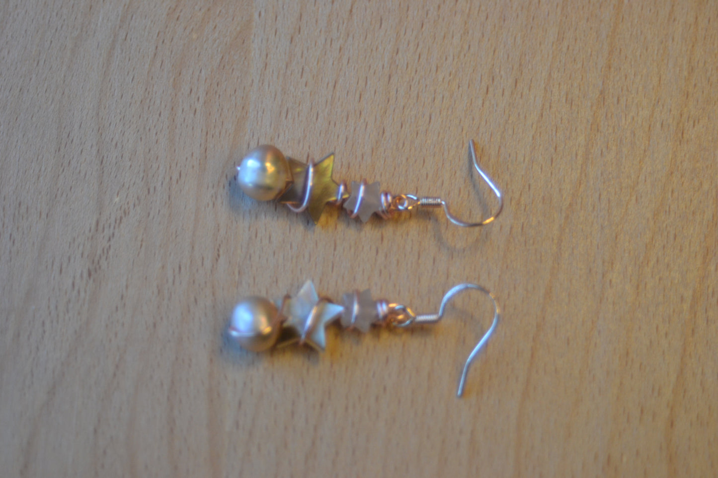 Double Star Earrings – Strawberry Quartz, Mother of Pearl & Freshwater Pearl in Rose Gold