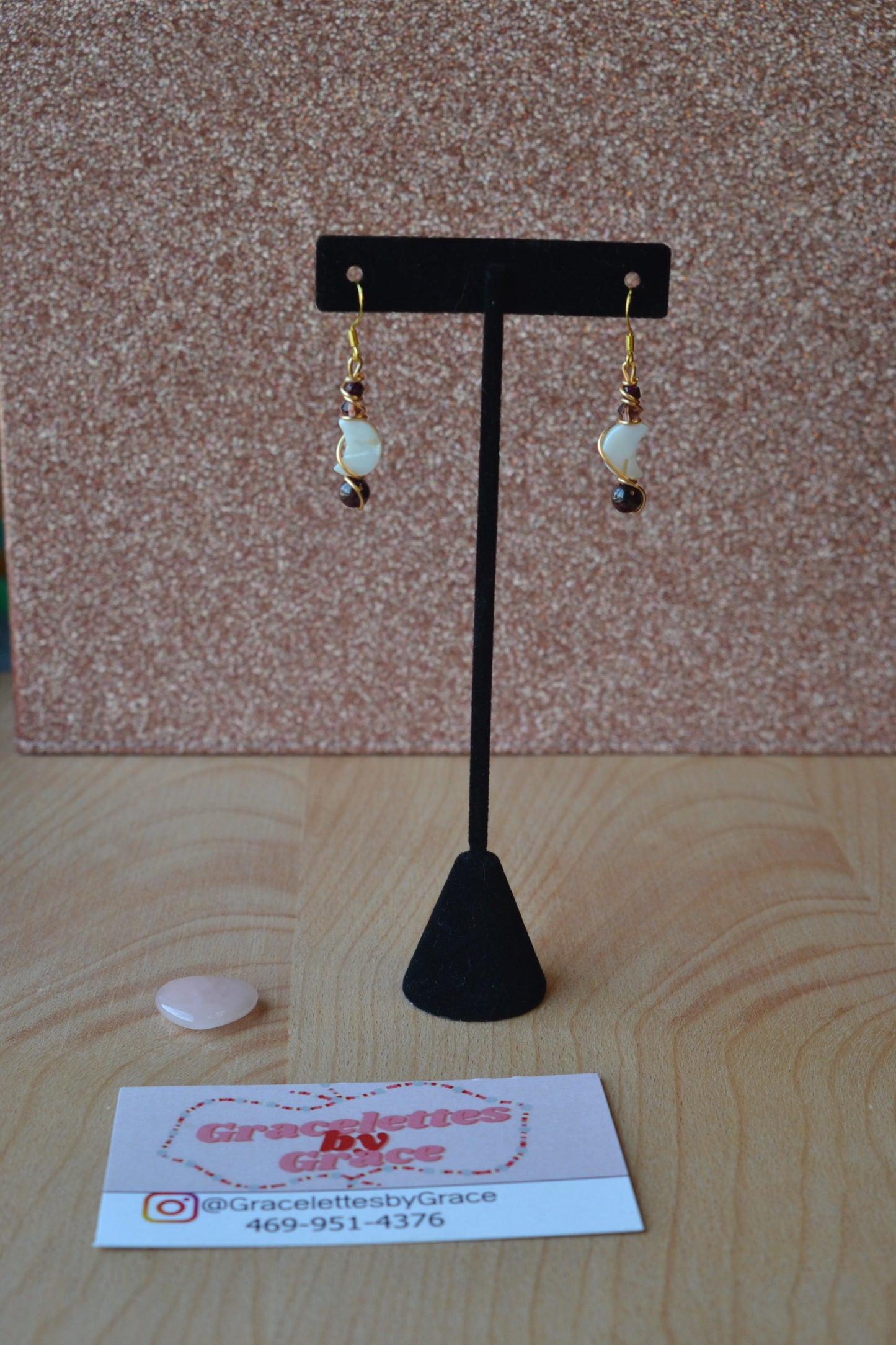 Mother of Pearl Moon & Garnet Gold Wrapped Earrings – Elegant Purple Crystal Drops