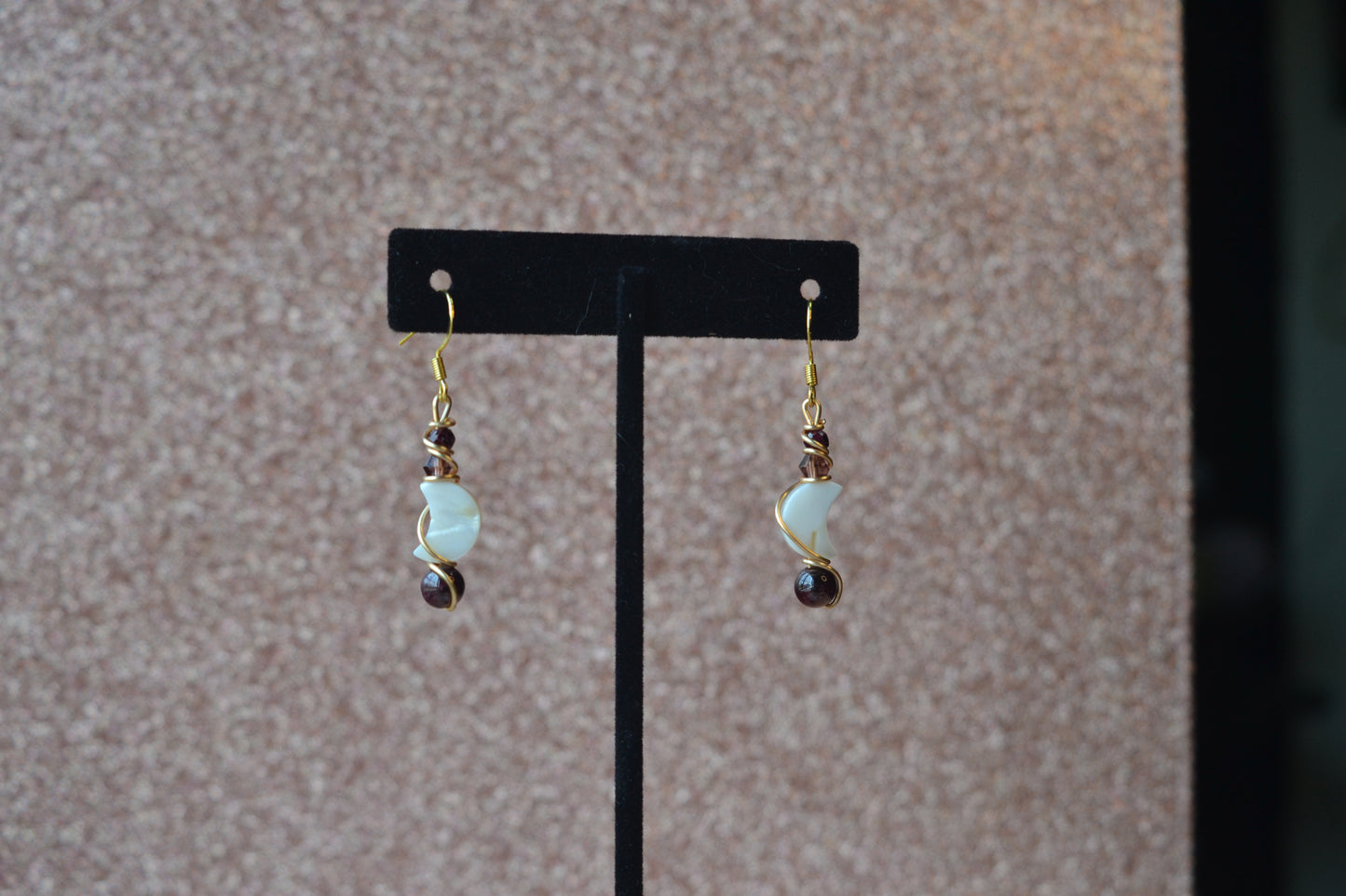 Mother of Pearl Moon & Garnet Gold Wrapped Earrings – Elegant Purple Crystal Drops