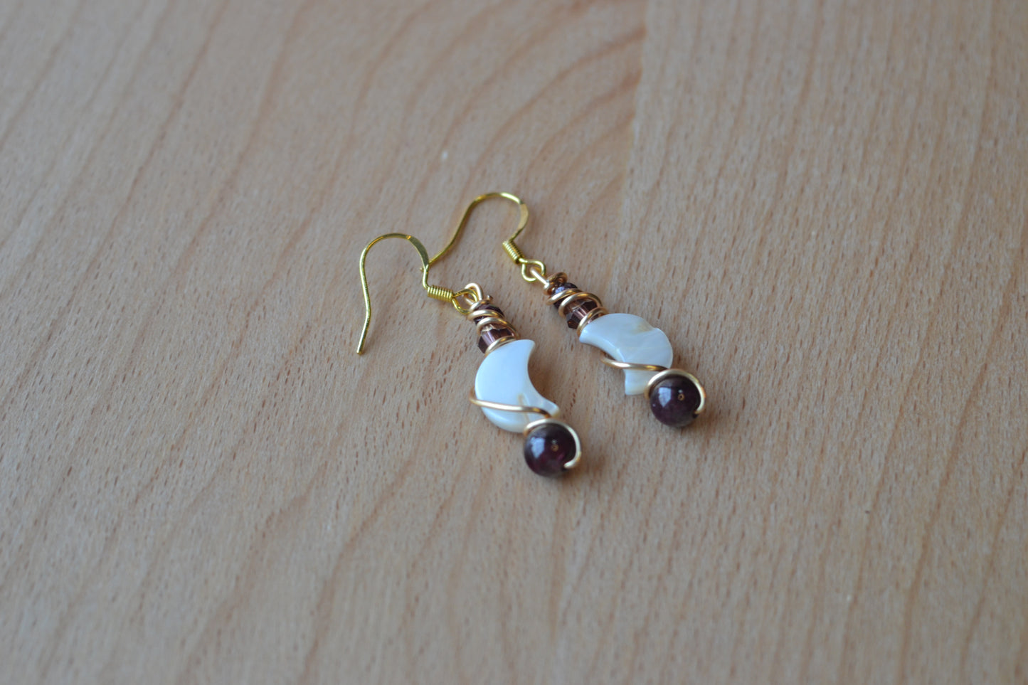 Mother of Pearl Moon & Garnet Gold Wrapped Earrings – Elegant Purple Crystal Drops