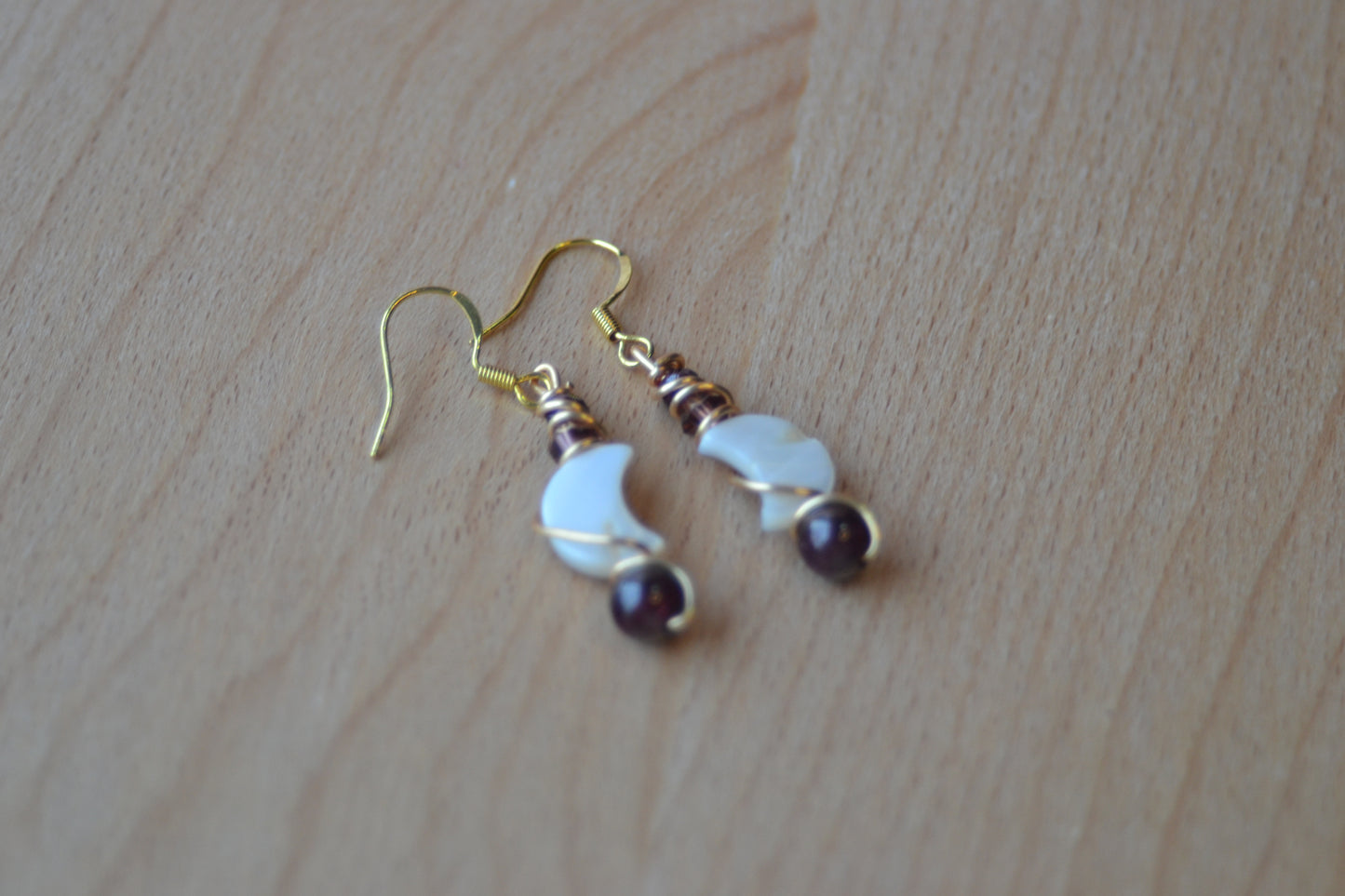 Mother of Pearl Moon & Garnet Gold Wrapped Earrings – Elegant Purple Crystal Drops