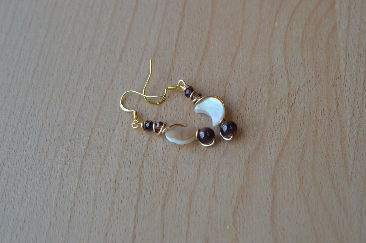 Mother of Pearl Moon & Garnet Gold Wrapped Earrings – Elegant Purple Crystal Drops