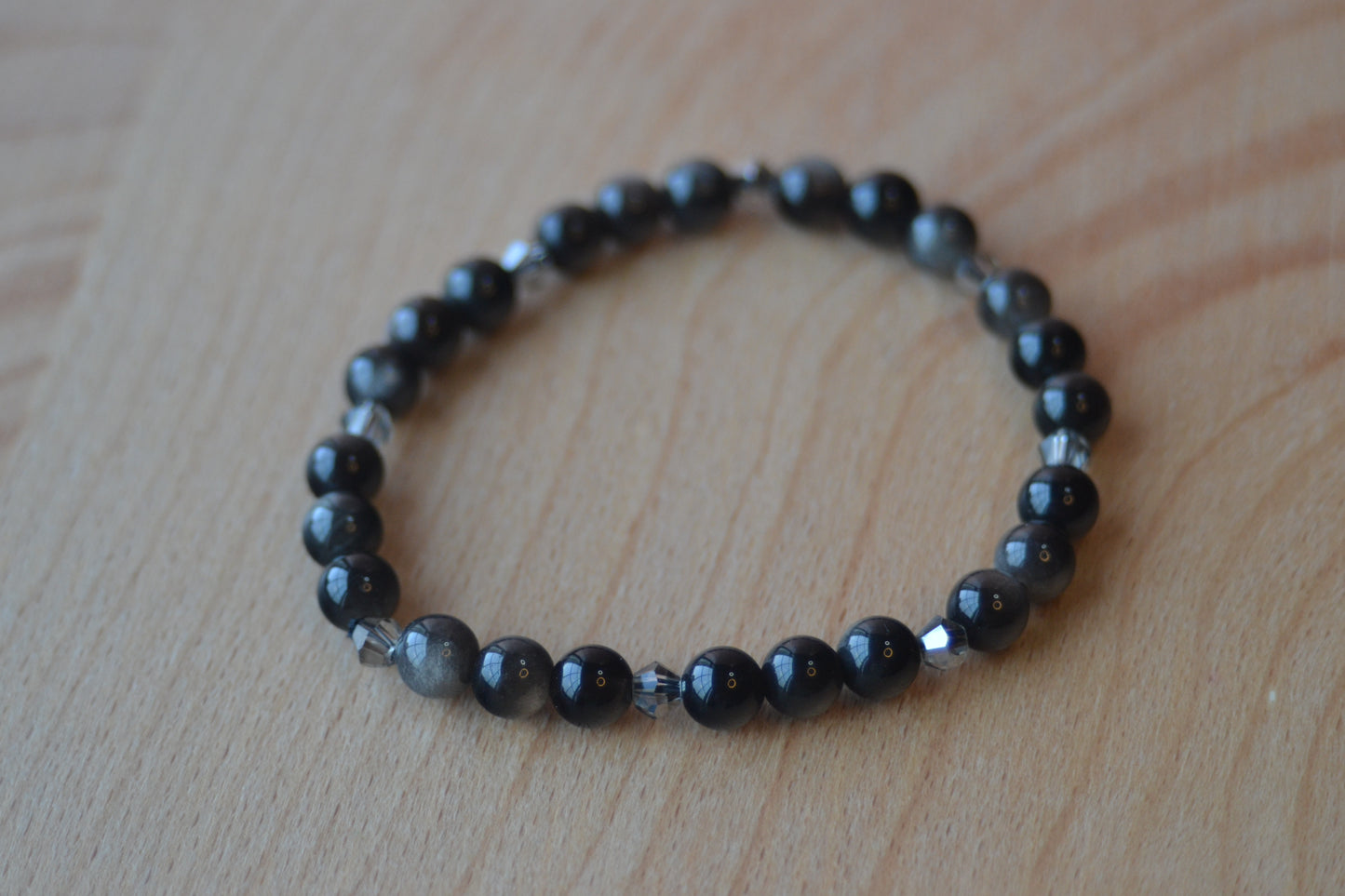 Silver Obsidian & Grey Crystal Bracelet – Subtle Power & Protection (4mm)