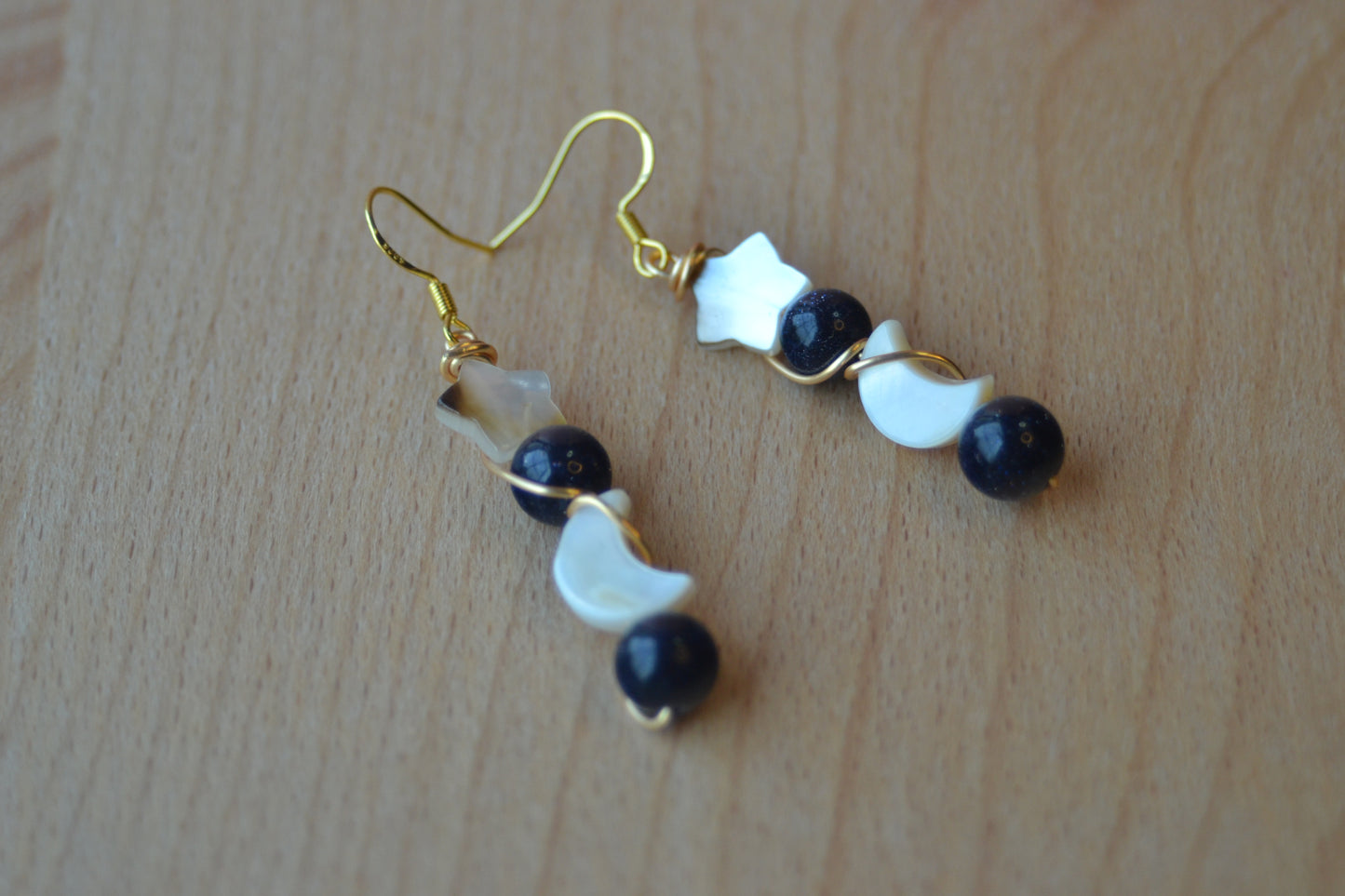 Celestial Midnight Earrings – Sandstone Sparkle, Mother of Pearl Moons & Stars (2”)