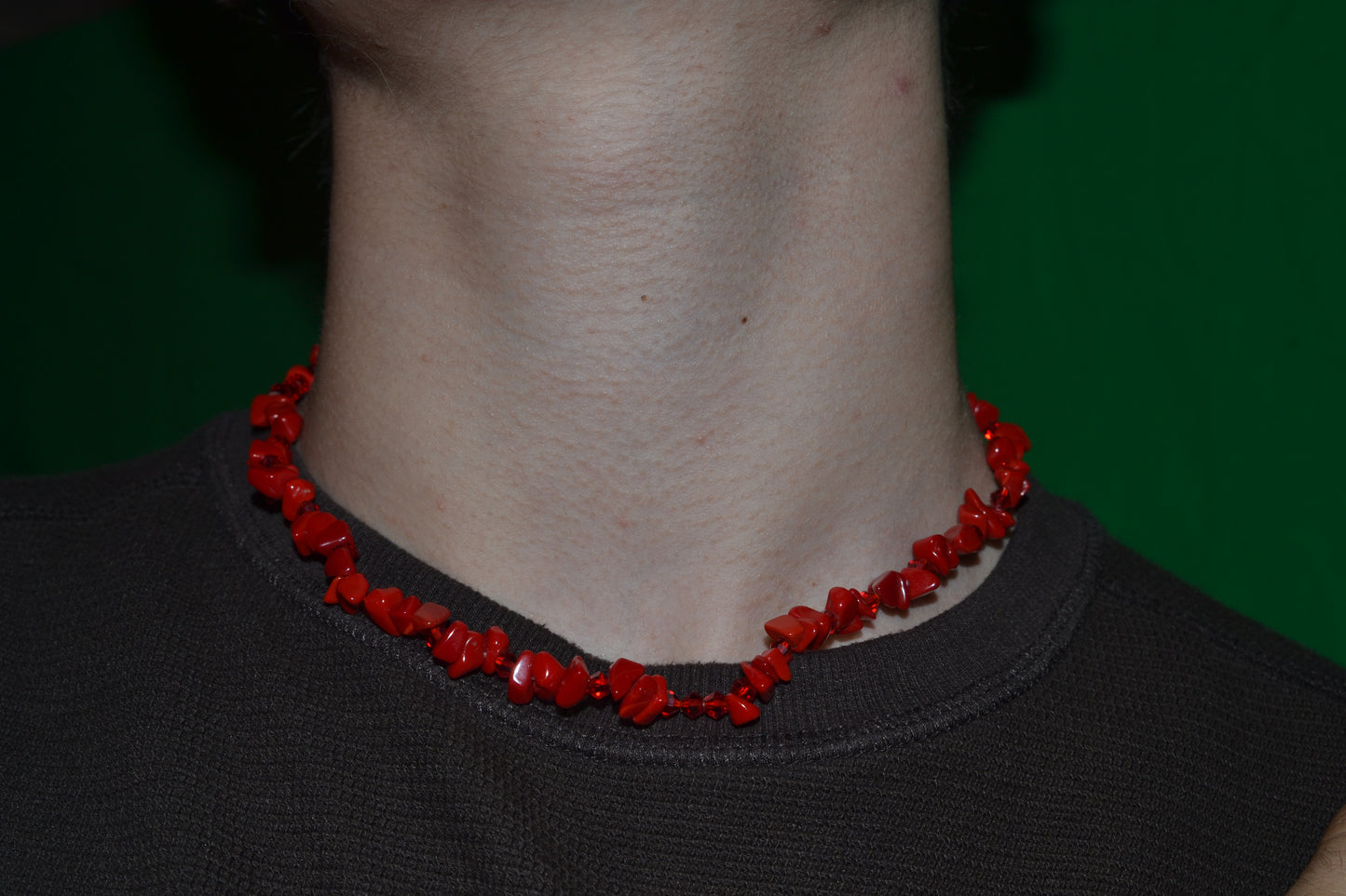 Red Coral & Crystal Necklace – 16" | Handmade Statement Jewelry for Confidence & Vitality