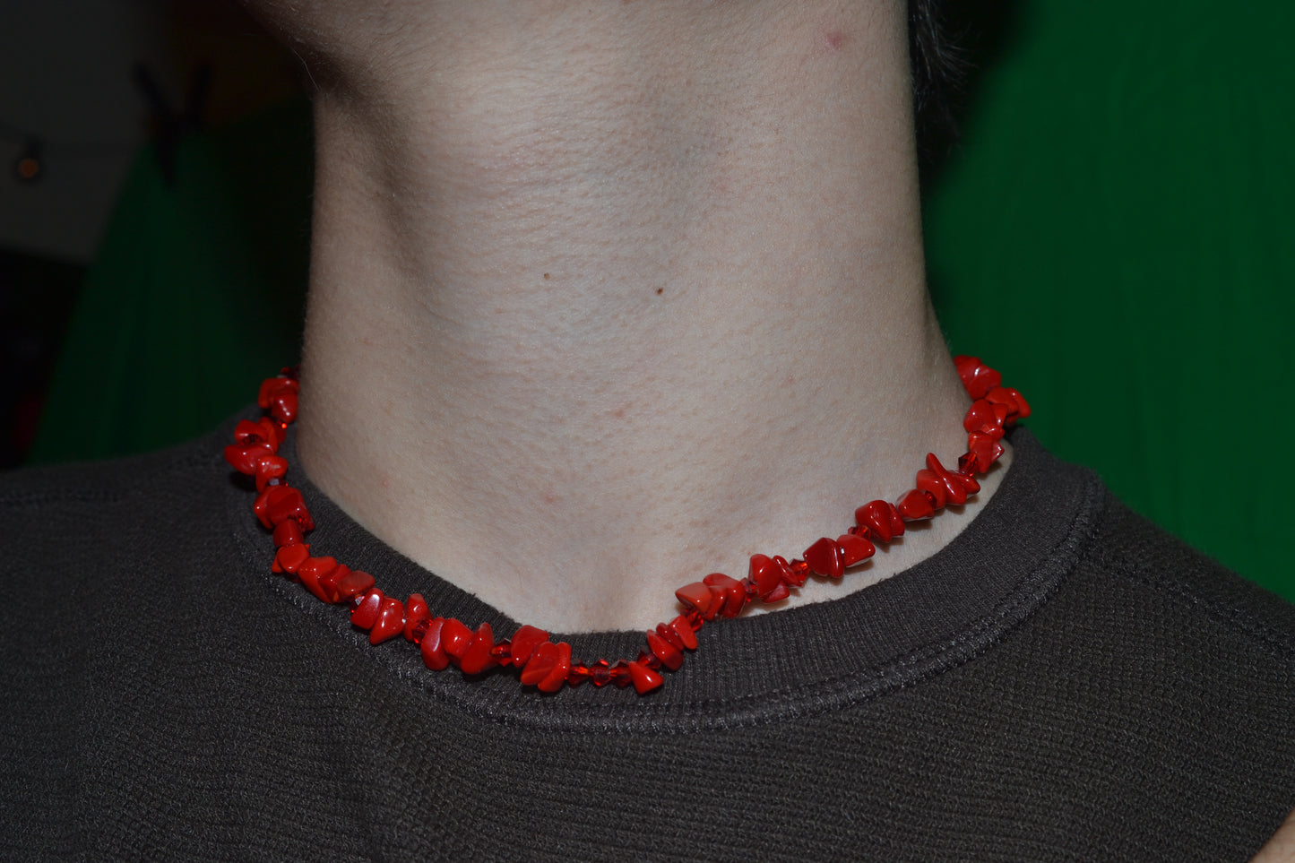 Red Coral & Crystal Necklace – 16" | Handmade Statement Jewelry for Confidence & Vitality