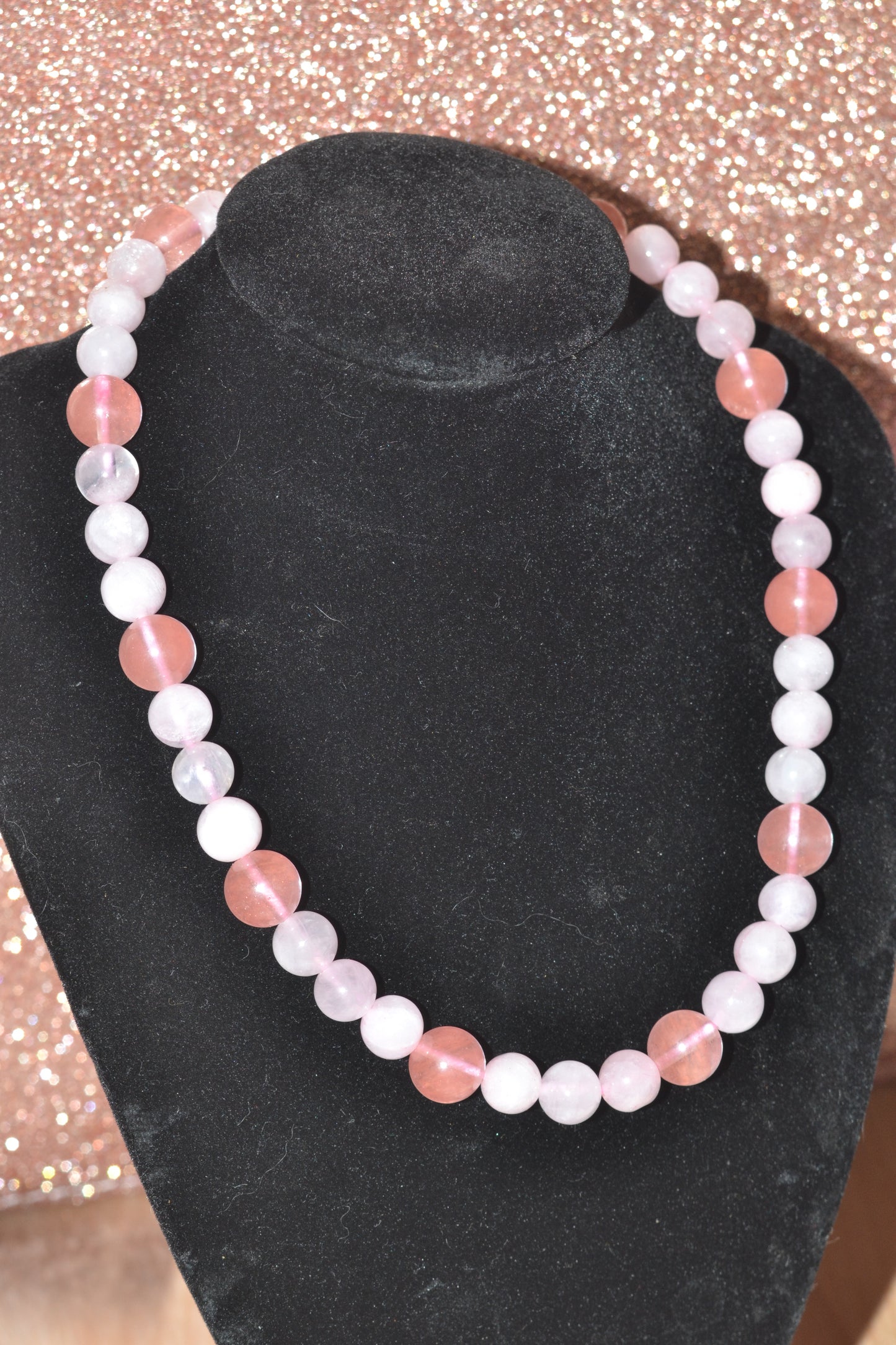 Cherry Quartz & Rose Quartz Set with Choker, Bracelet, Earrings, Necklace