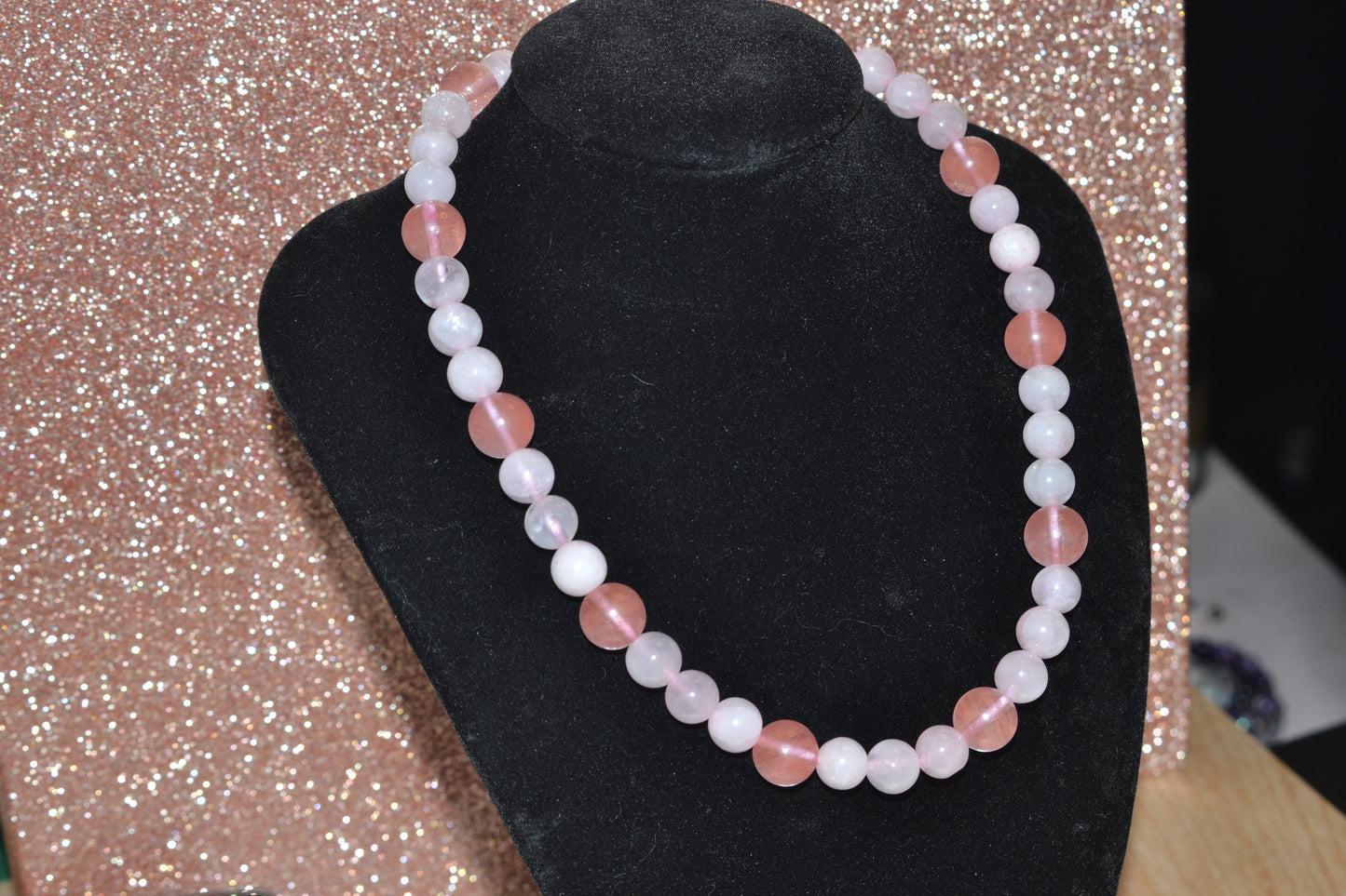 Cherry Quartz & Rose Quartz Set with Choker, Bracelet, Earrings, Necklace