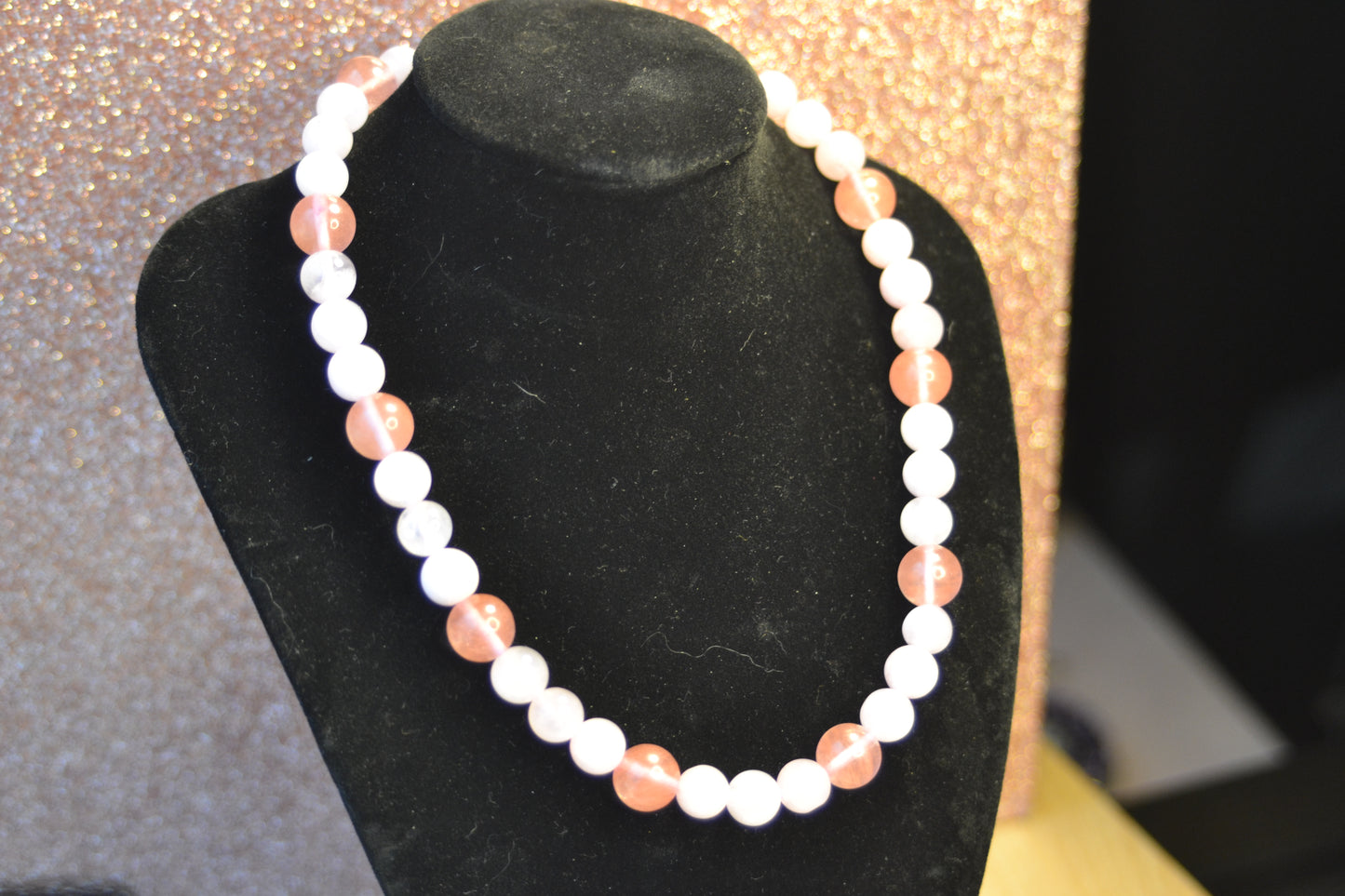 Cherry Quartz & Rose Quartz Set with Choker, Bracelet, Earrings, Necklace
