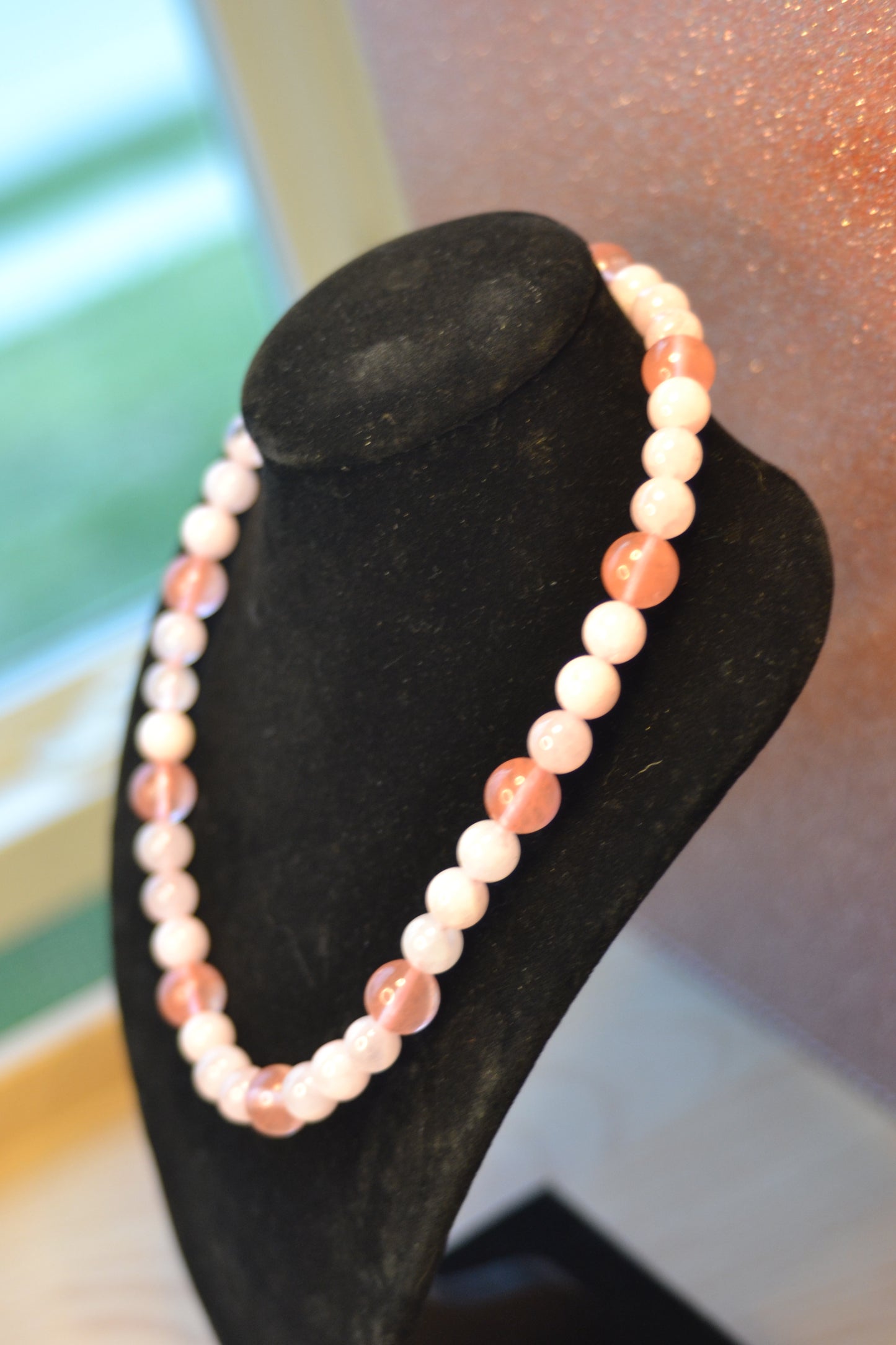 Cherry Quartz & Rose Quartz Set with Choker, Bracelet, Earrings, Necklace