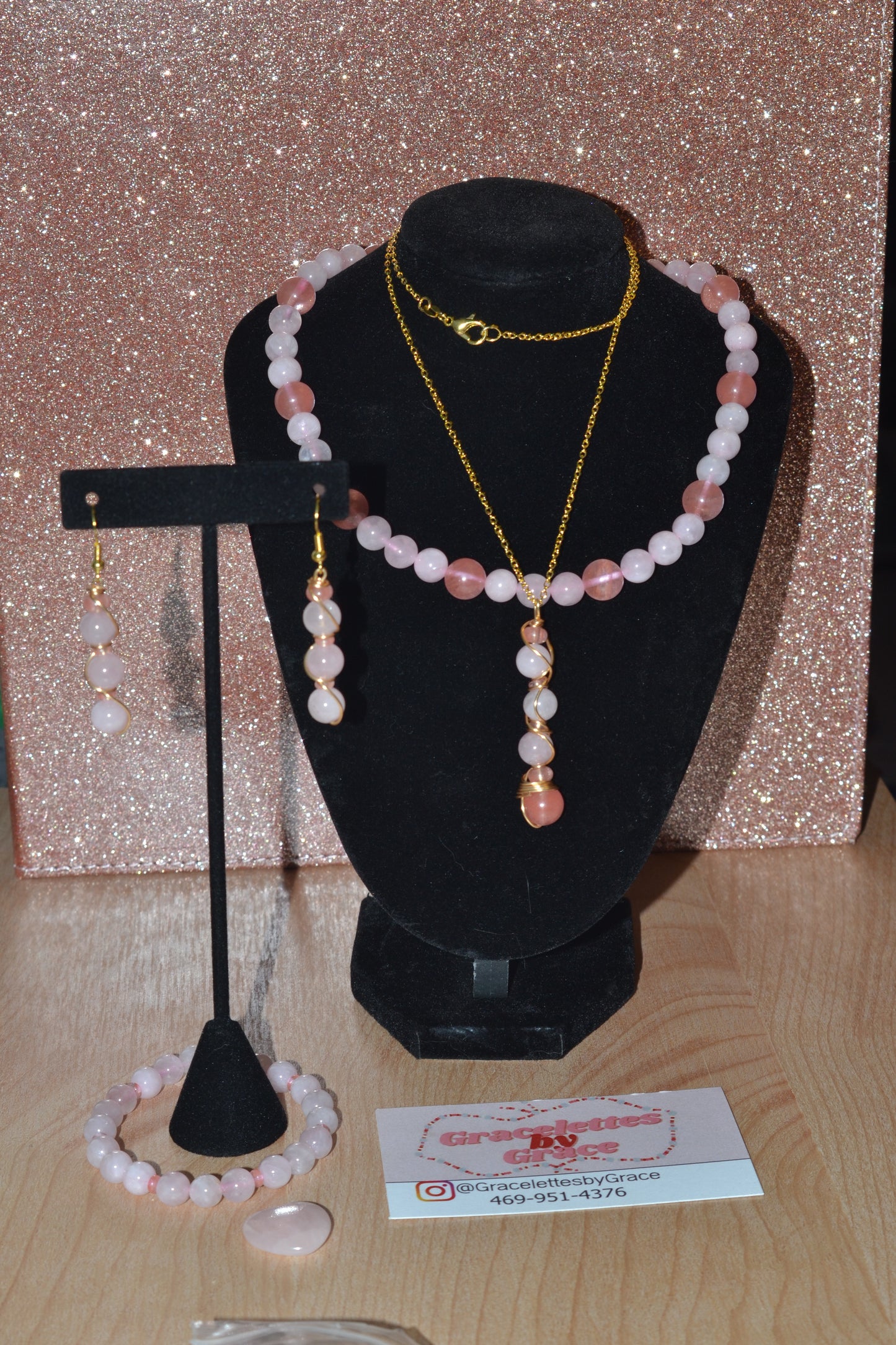 Cherry Quartz & Rose Quartz Set with Choker, Bracelet, Earrings, Necklace