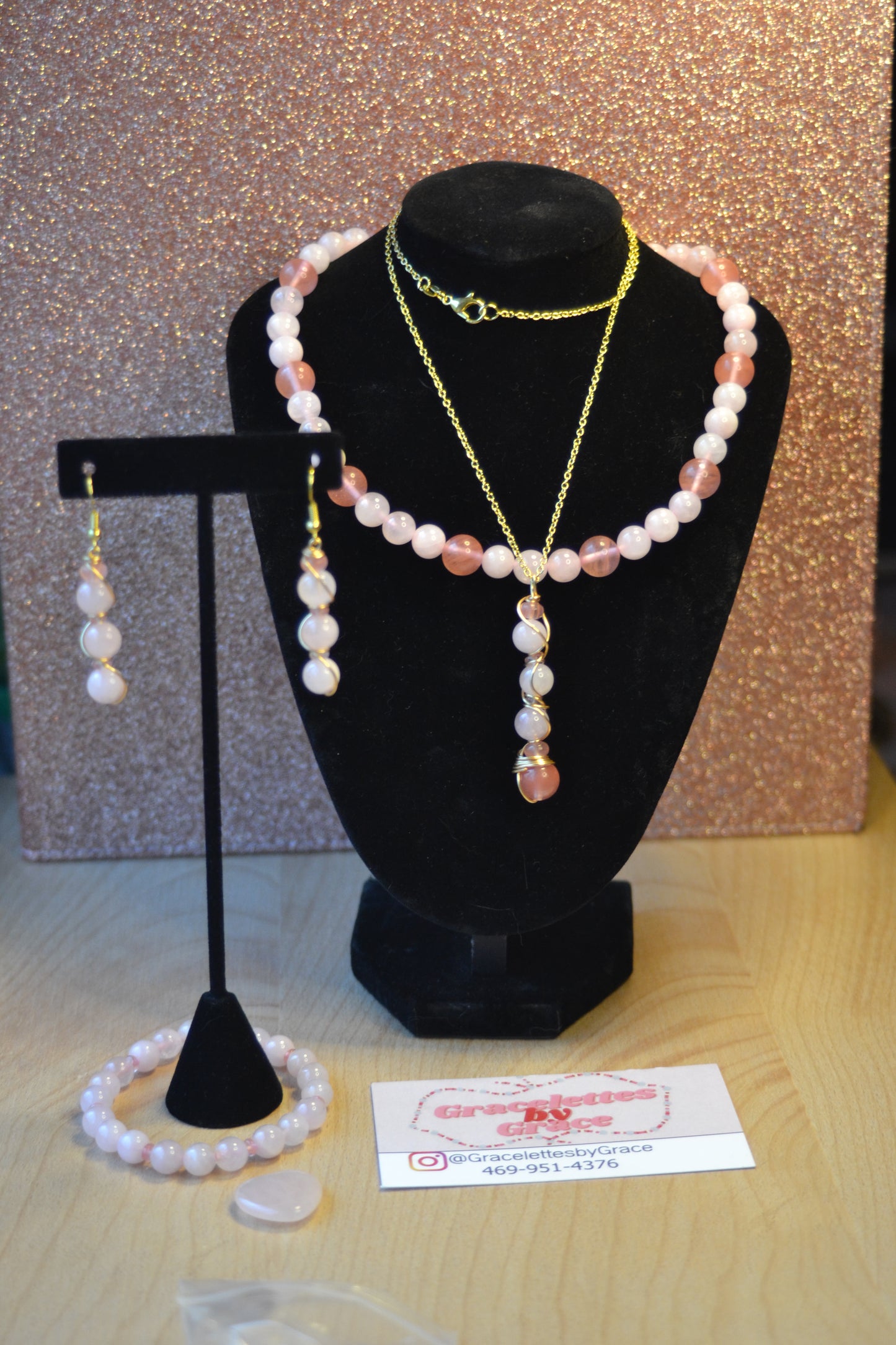 Cherry Quartz & Rose Quartz Set with Choker, Bracelet, Earrings, Necklace
