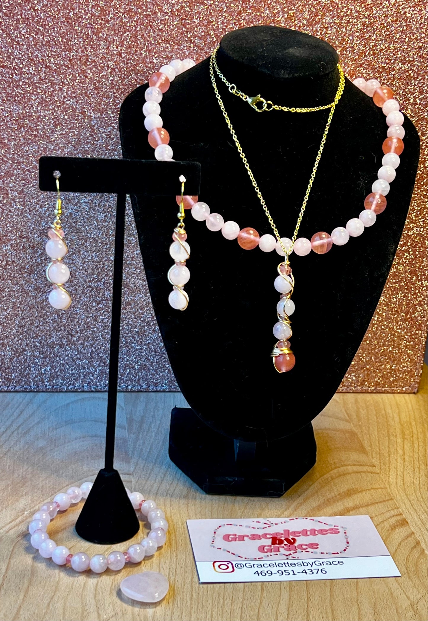 Cherry Quartz & Rose Quartz Set with Choker, Bracelet, Earrings, Necklace