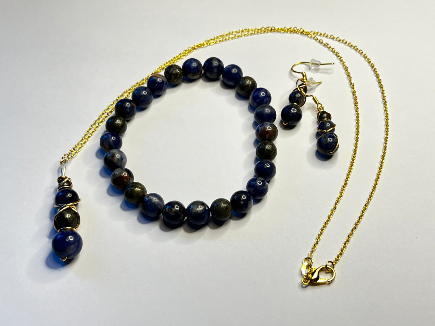 Sodalite & Pyrite Gold-Plated Set (Bracelet, Earrings & Necklace)