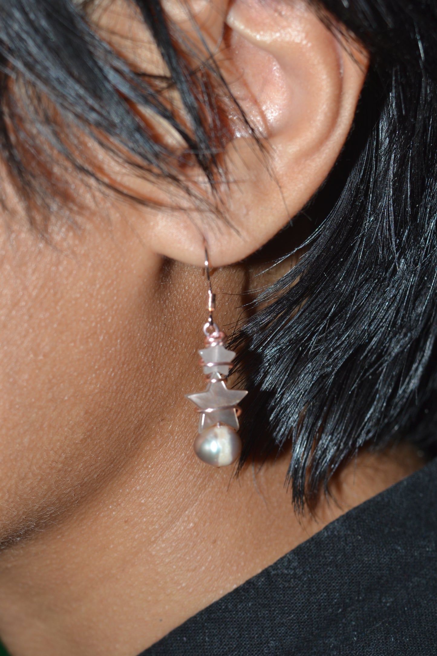 Double Star Earrings – Strawberry Quartz, Mother of Pearl & Freshwater Pearl in Rose Gold